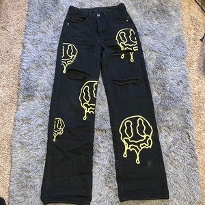 Black wide leg jeans with smileys